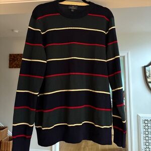 BROOKS BROTHERS 100% Merino Wool STRIPED Navy Blue Crew Sweater Large
